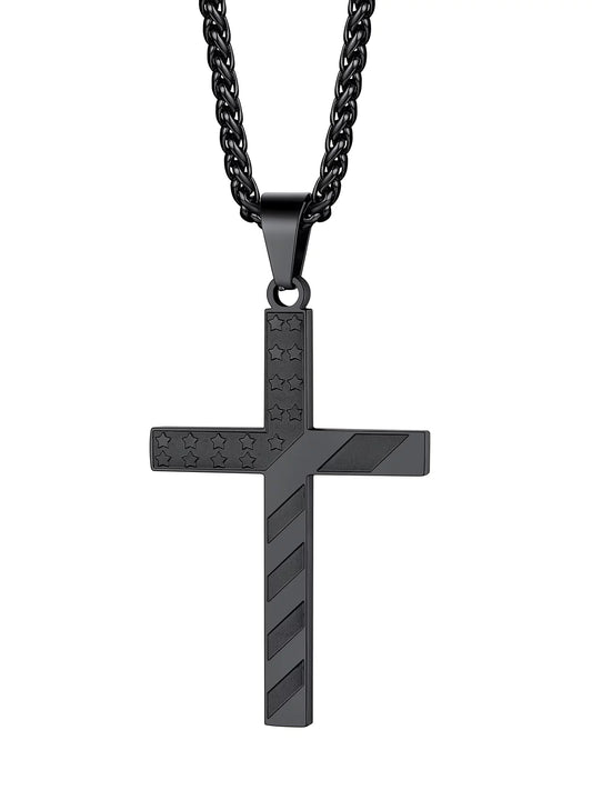 American Flag Cross Necklace for Men Black Cross Pendant Chain Necklace First Communion Religious Jewelry Gift